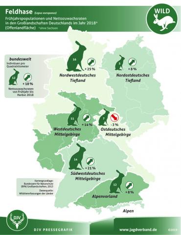 Feldhase: Frühjahrspopulationen und Nettozuwachsraten in den Großlandschaften Deutschlands im Jahr 2018*