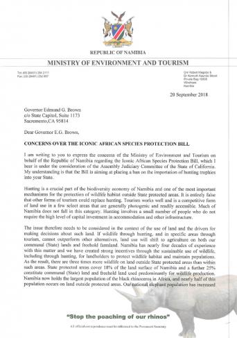 In einem Brief wendet sich die Namibische Staatsregierung gegen das von Kalifornien geplante Importverbot bestimmter Trophäen