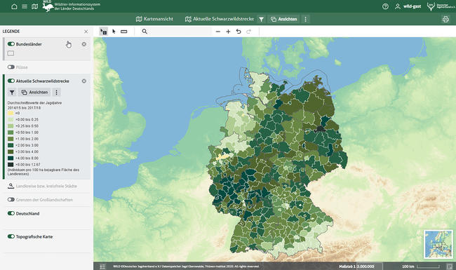 Im WILD-Portal können jetzt auch interaktive Karten zur Streckenstatistik, beispielsweise zum Schwarzwild, angesehen und individuell nach Regionen gefiltert werden.