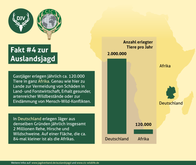 Gastjäger erlegen in ganz Afrika jährlich ca. 120.000 Tiere. In Deutschland erlegen Jäger im gleichen Zeitraum zwei Millionen Wildschweine, Rehe und Hirsche. Auf einer Fläche, die ca. 84-mal kleiner ist, als die Afrikas.