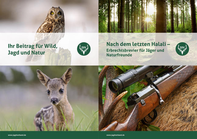 Die Informationsmappe „Erbschaften“ enthält die Broschüre „Ihr Beitrag für Wild, Jagd und Natur“ und den Erbrechtsleitfaden „Nach dem letzten Halali“.