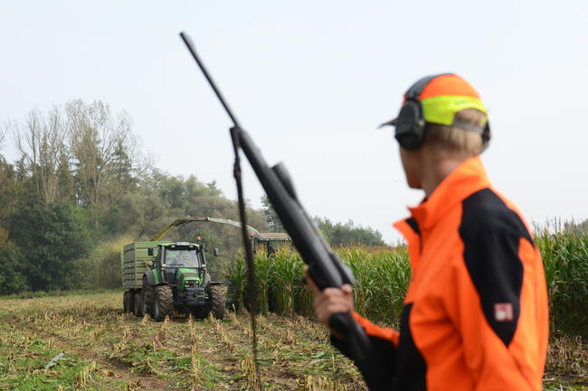 Warnkleidung und erhöhte Position sorgen für Sicherheit bei der Erntejagd.