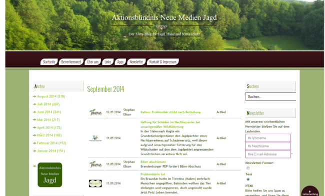 Screenshot der Webseite Aktionsbündnis Neue Medien Jagd