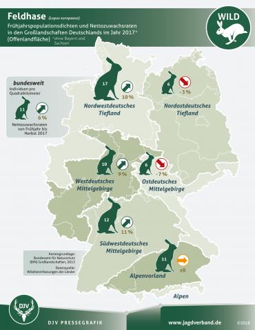 Feldhasenzählung: Frühjahrspopulationsdichten und Nettozuwachsraten 2017