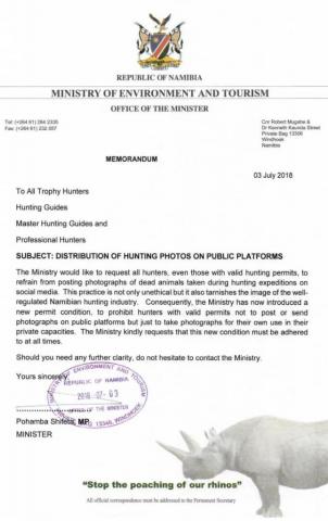 Mitteilung des Namibischen Umweltministers: Erlegerbilder in sozialen Netzwerken verboten