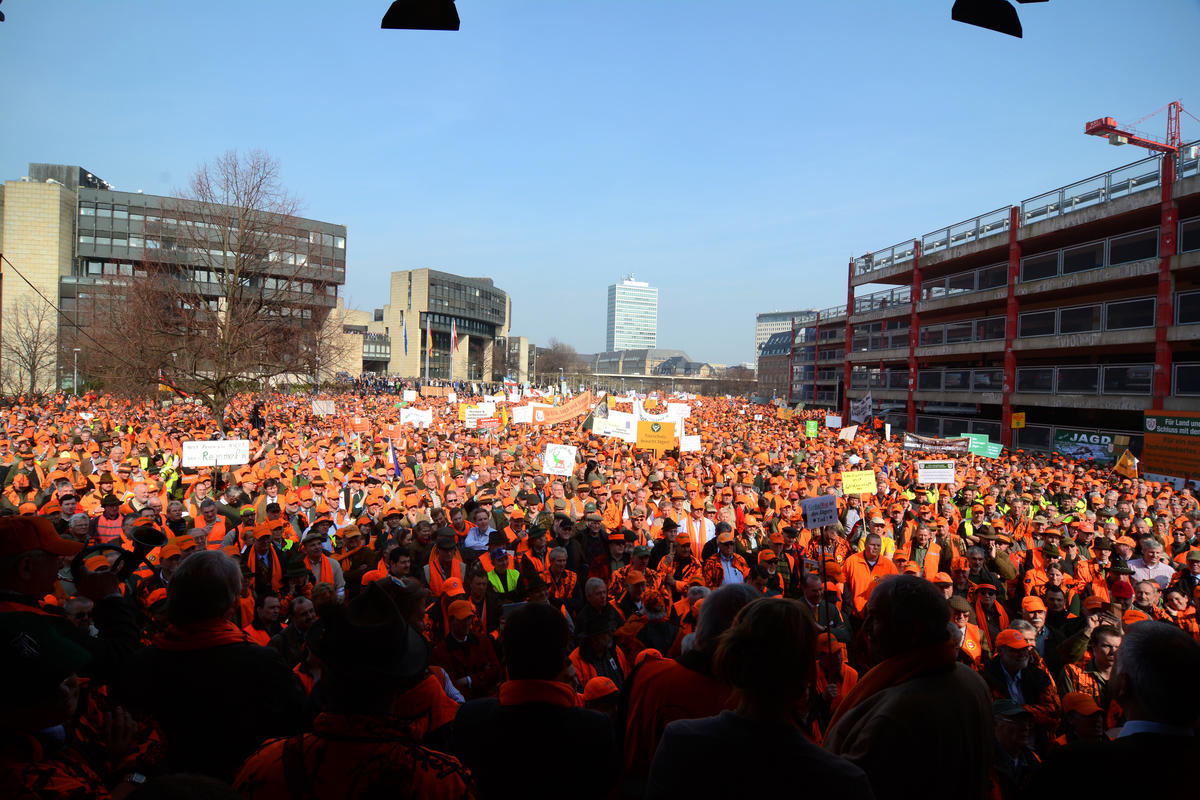 Ein orangefarbenes Protestmeer lauscht gespannt den Stimmen der Redner. (Quelle: LJV-NRW/F.Martini)