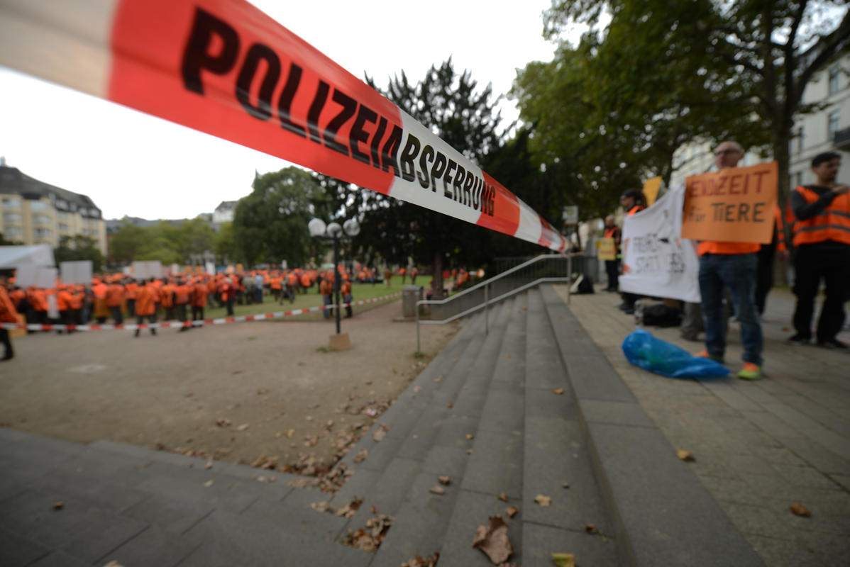 Etwa 15 Gegendemonstranten hatten sich am Kranzplatz in Wiesbaden eingefunden. (Quelle: Arnold/DJV)